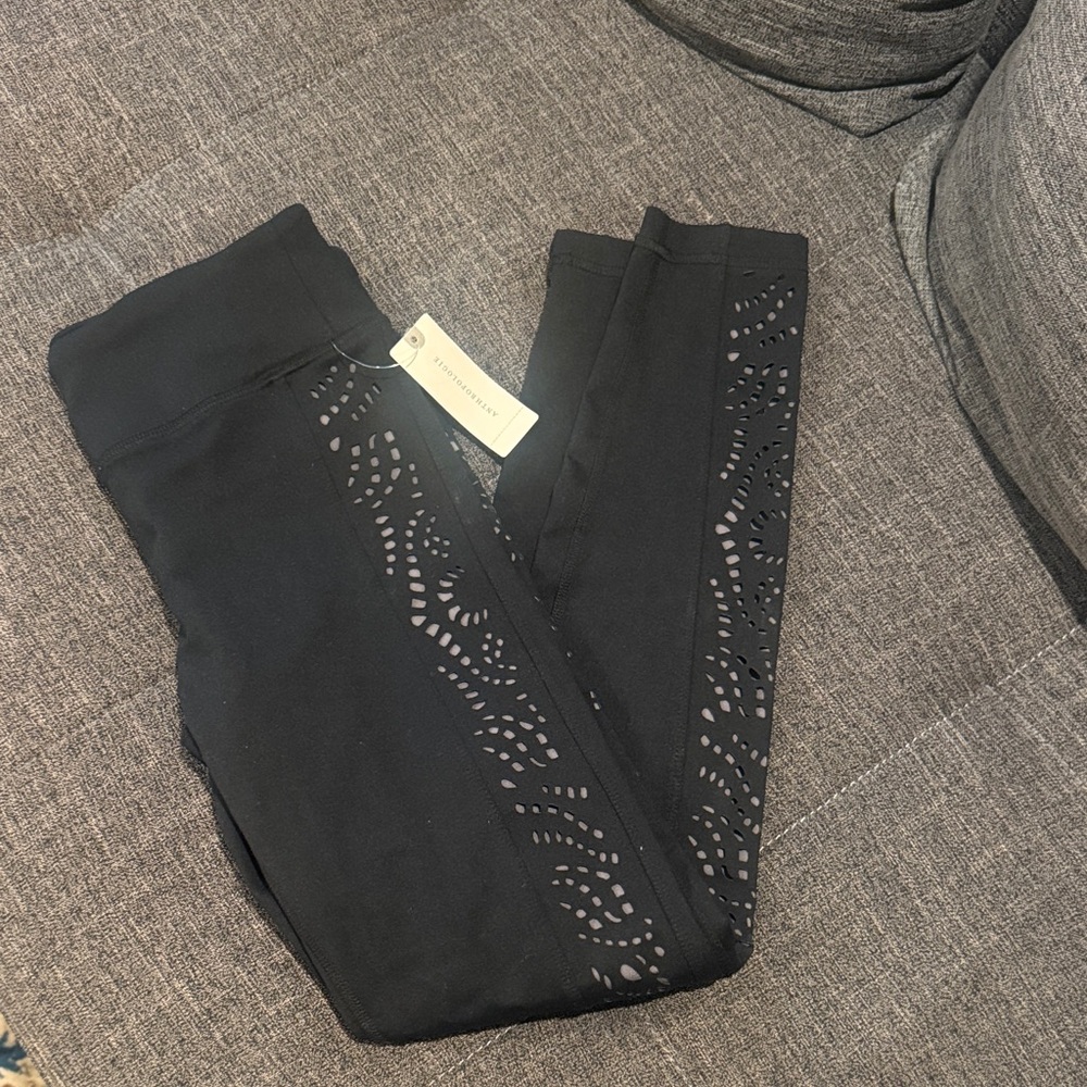 NWT Anthropologie Pure Good Black Leggings with Laser Cut Detail in XS